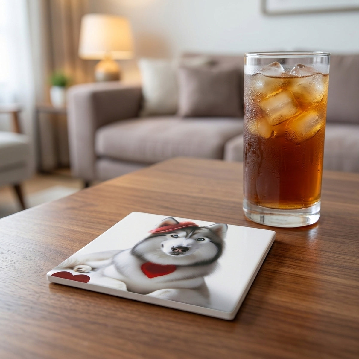 Siberian Husky ceramic coasters set of 4, lifestyle