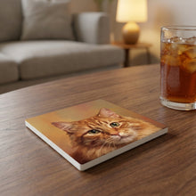Orange Tabby Cat Portrait ceramic coasters set of 4, lifestyle