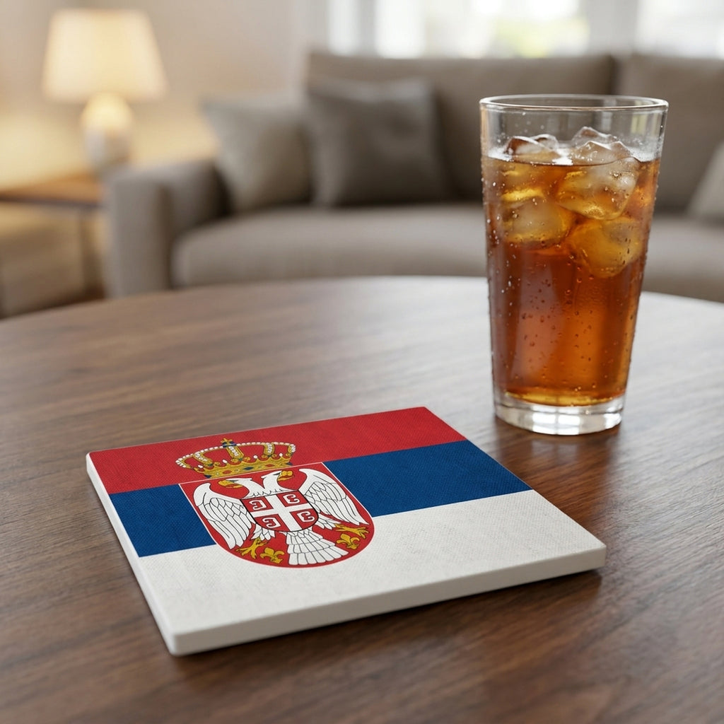 Serbia Flag Pride ceramic coasters set of 4, lifestyle