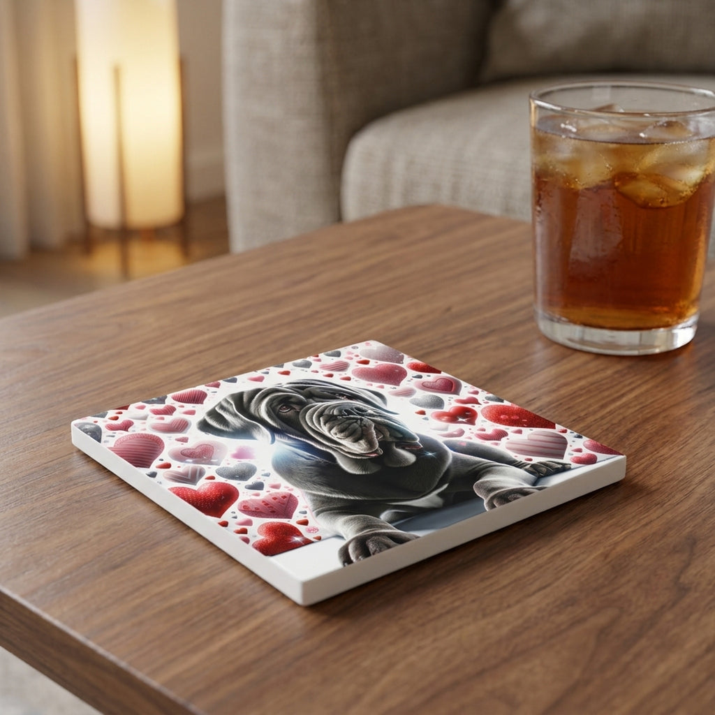 Neapolitan Mastiff ceramic coasters set of 4, lifestyle