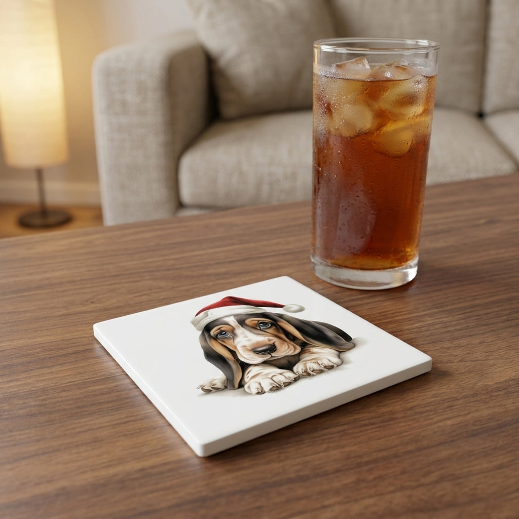 Basset Hound Puppy Drawing ceramic coasters set of 4, lifestyle