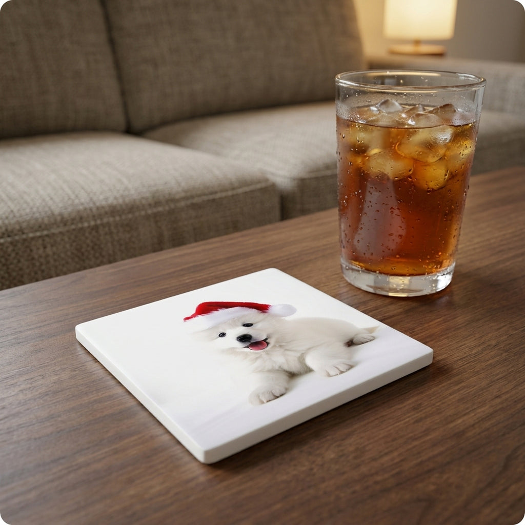 Samoyed Puppy ceramic coasters set of 4, lifestyle