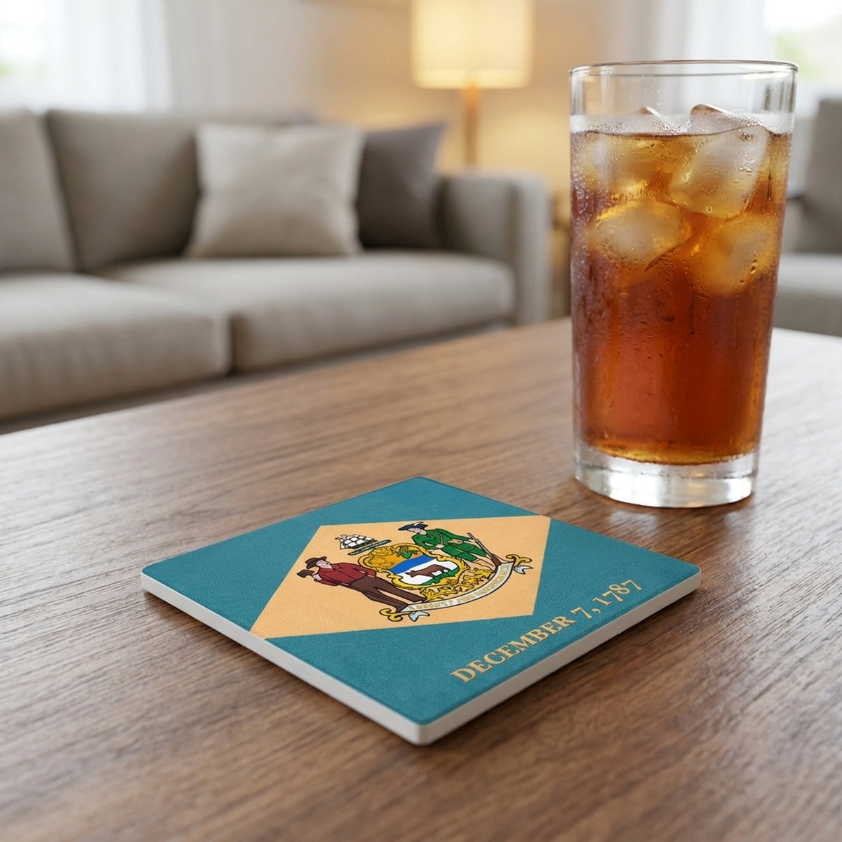 Delaware State Flag ceramic coasters set of 4, lifestyle