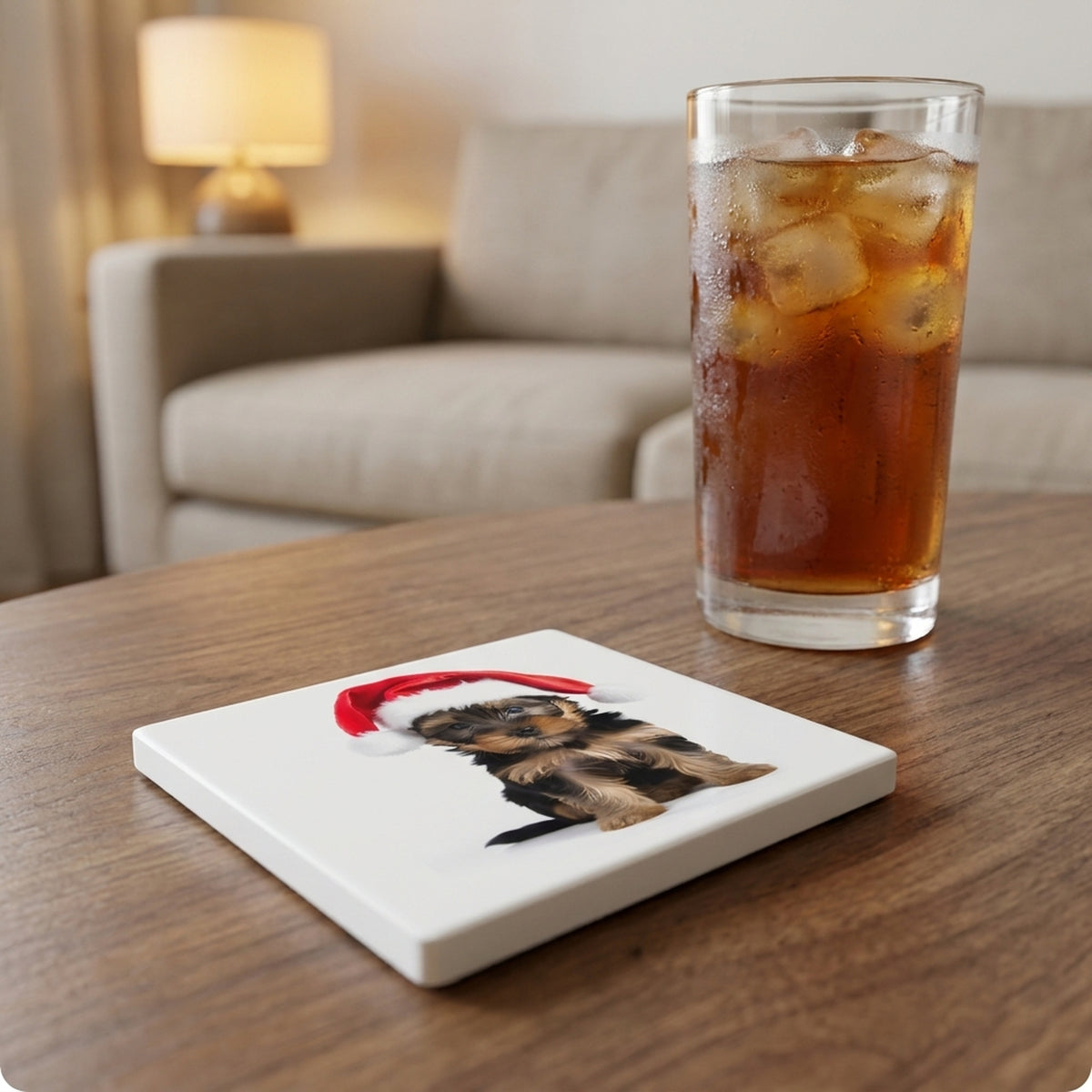 Yorkshire Terrier Puppy ceramic coasters set of 4, lifestyle