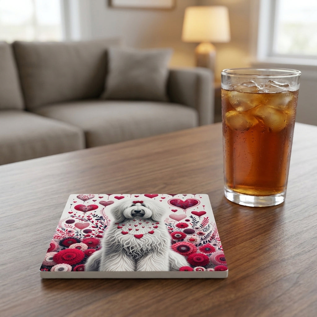 Old English Sheepdog ceramic coasters set of 4, lifestyle