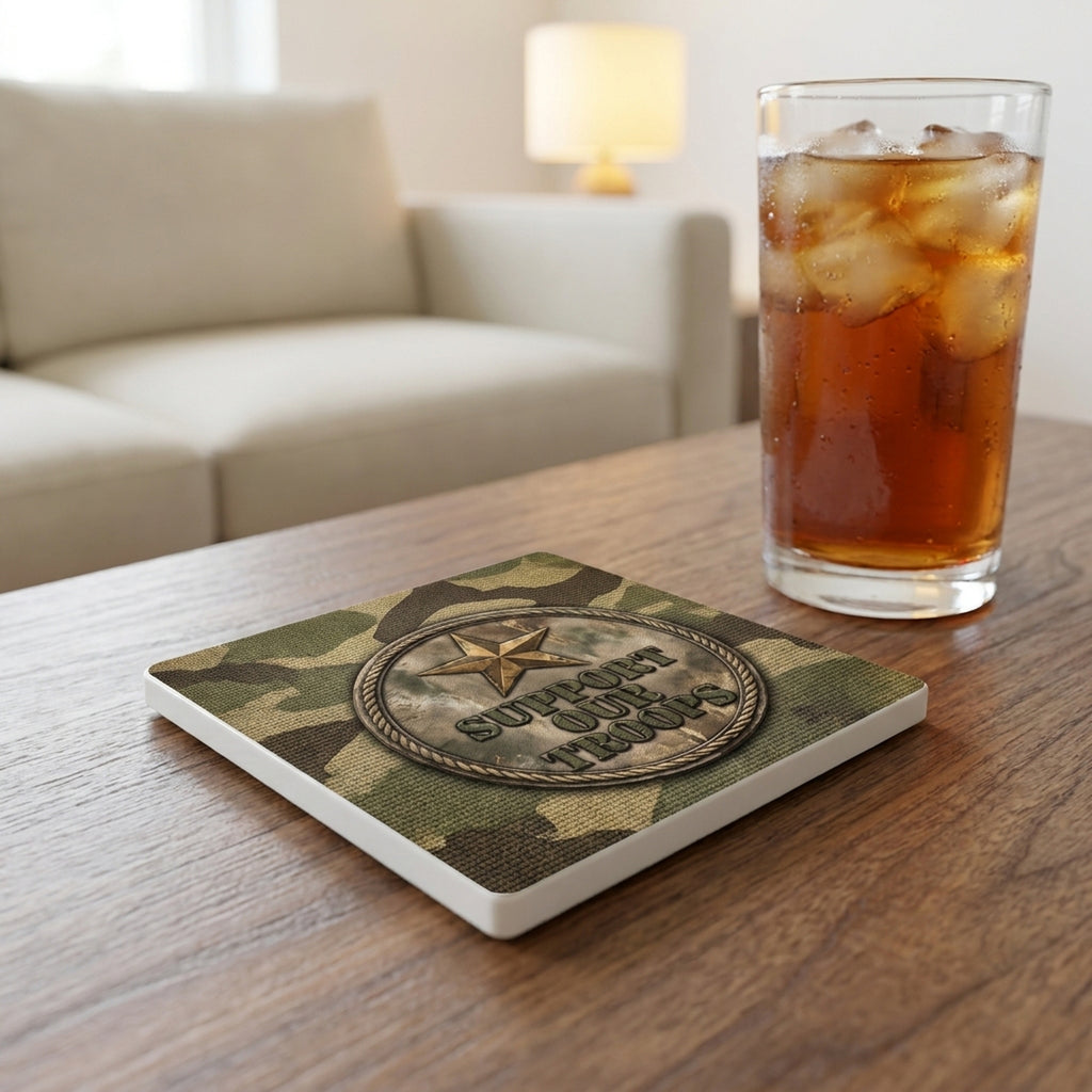 Military Camo Support ceramic coasters set of 4, lifestyle