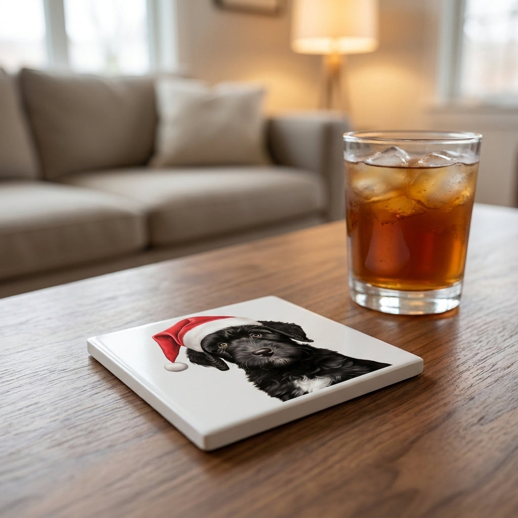 Portuguese Water Dog Puppy Drawing ceramic coasters set of 4, lifestyle