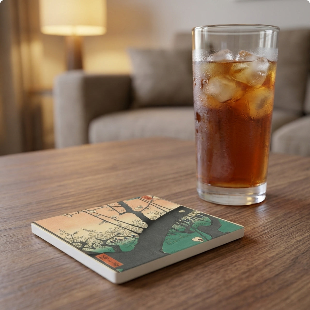 Hokusai Plum Blossom ceramic coasters set of 4, lifestyle