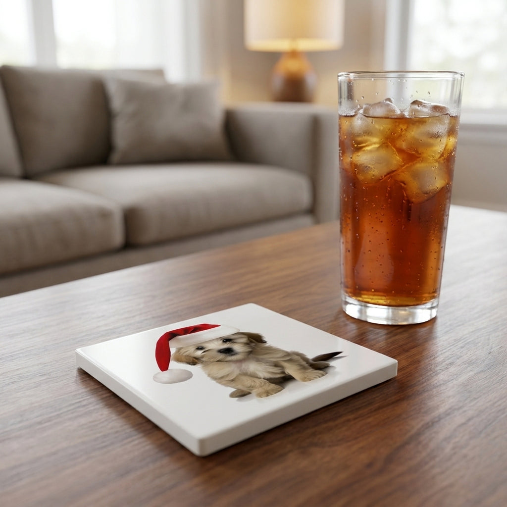 Dandie Dinmont Terrier Puppy ceramic coasters set of 4, lifestyle