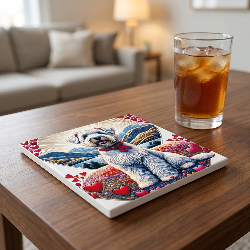 Soft Coated Wheaten Terrier ceramic coasters set of 4, lifestyle