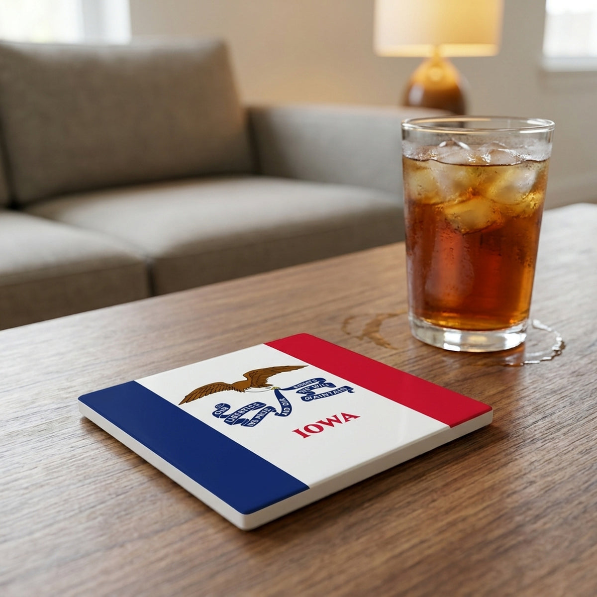 Iowa State Flag ceramic coasters set of 4, lifestyle