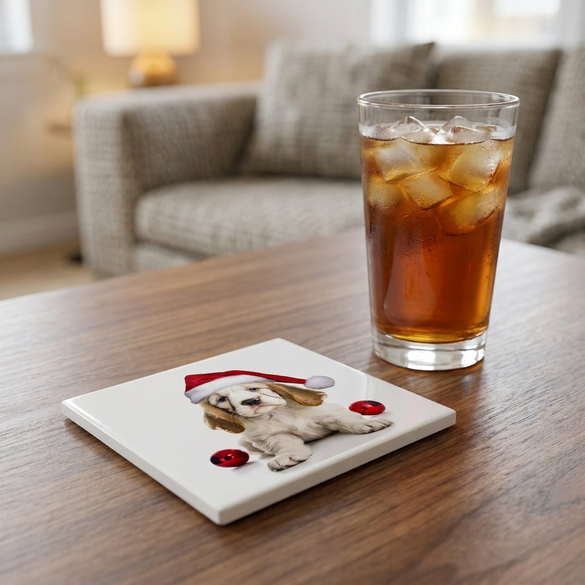 Clumber Spaniel Puppy ceramic coasters set of 4, lifestyle