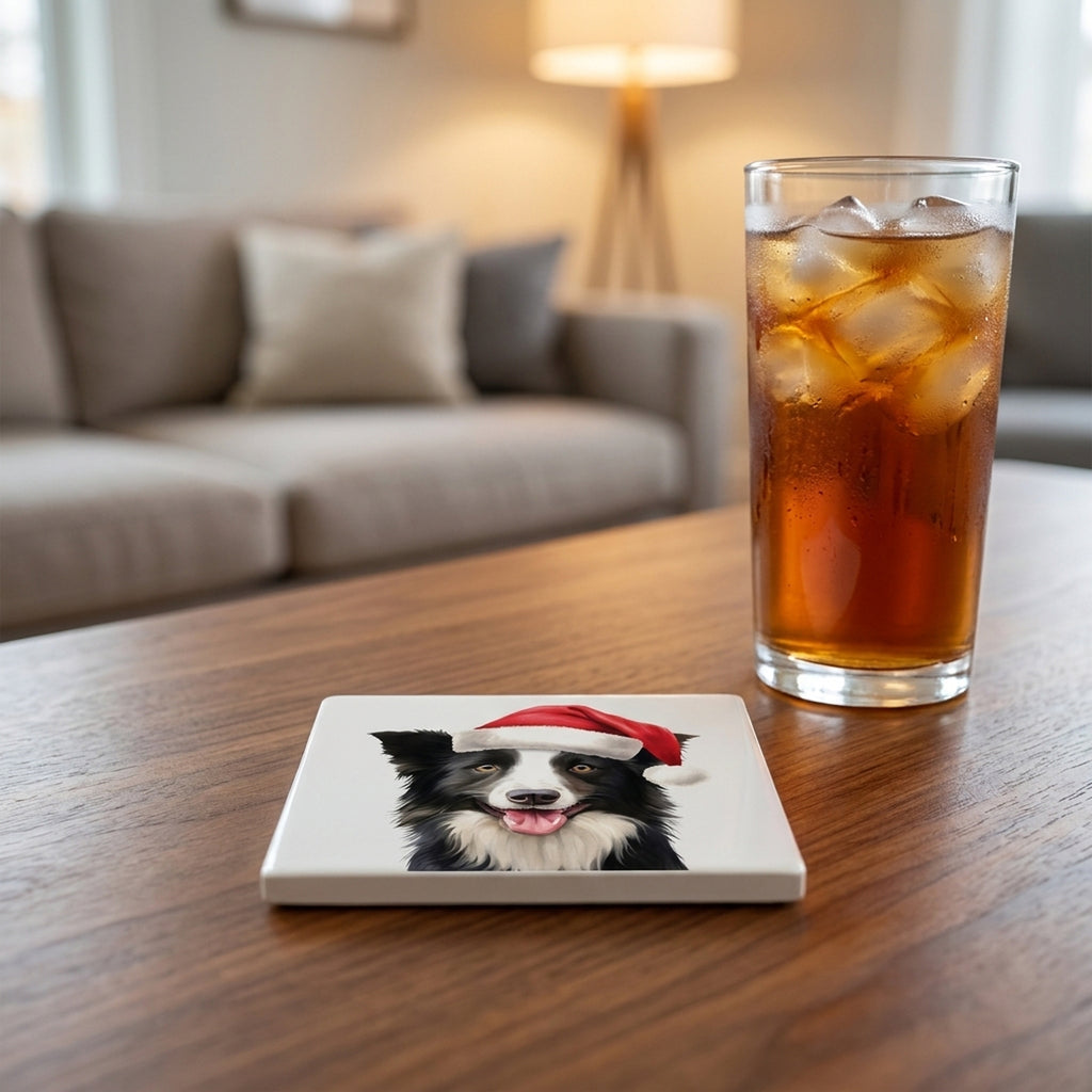 Border Collie ceramic coasters set of 4, lifestyle