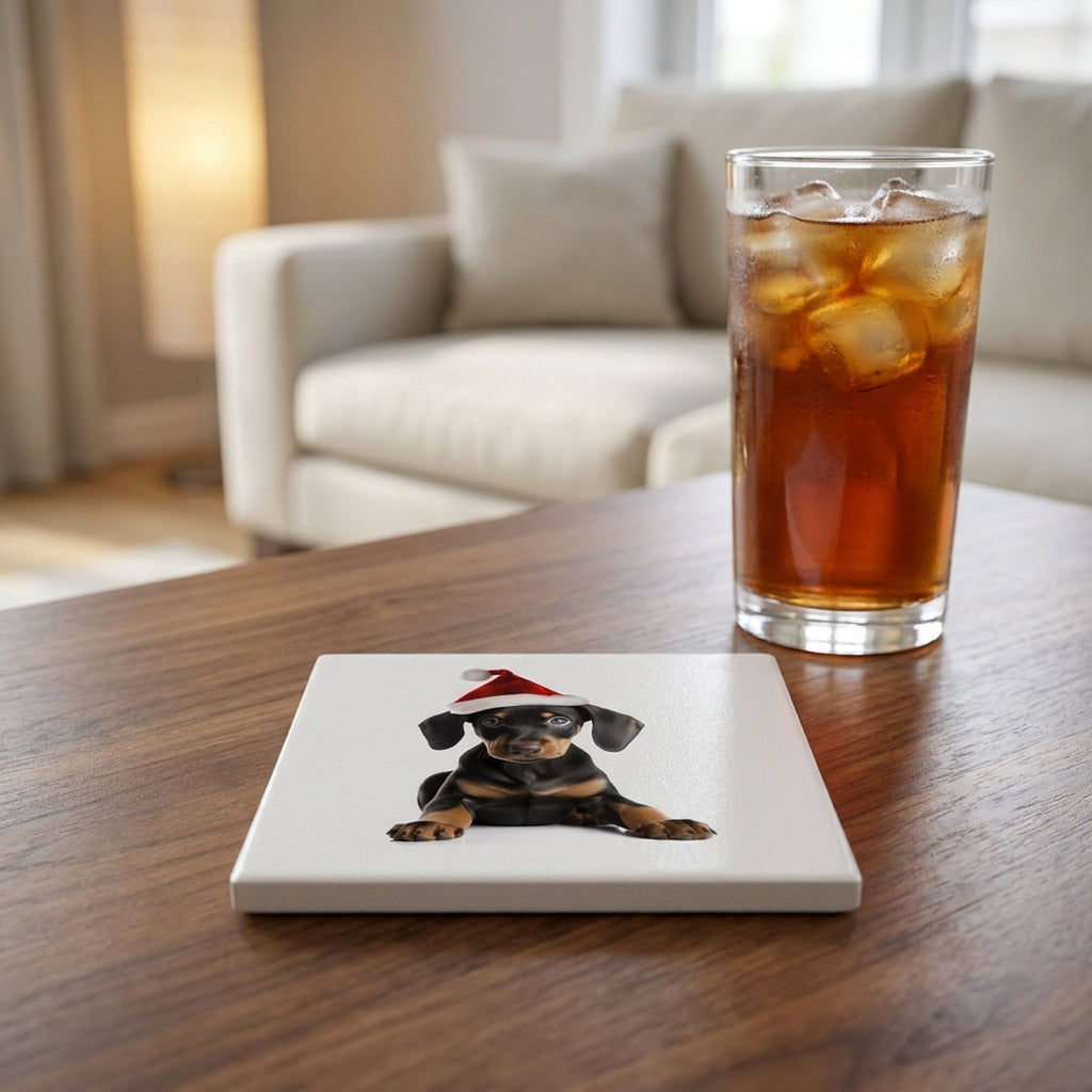 Doberman Pinscher Puppy ceramic coasters set of 4, lifestyle
