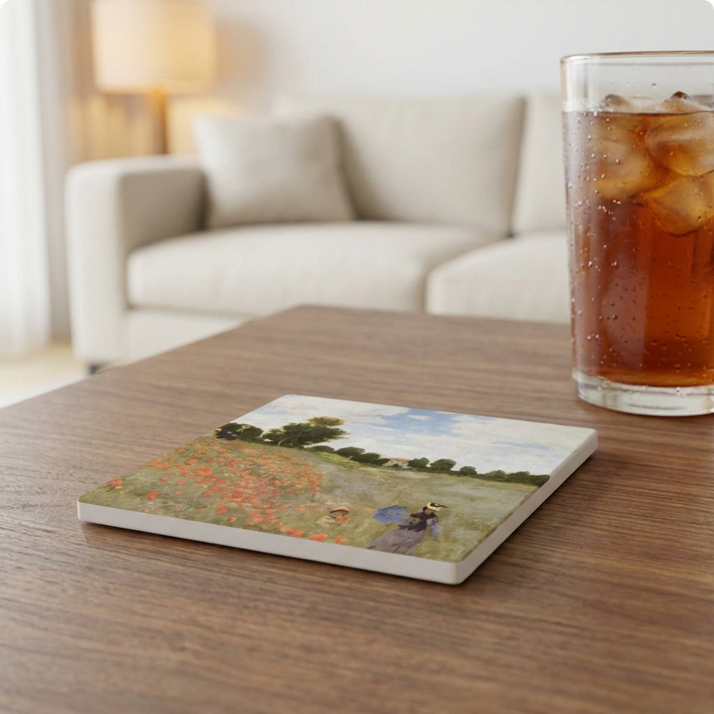 Monet Poppies ceramic coasters set of 4, lifestyle