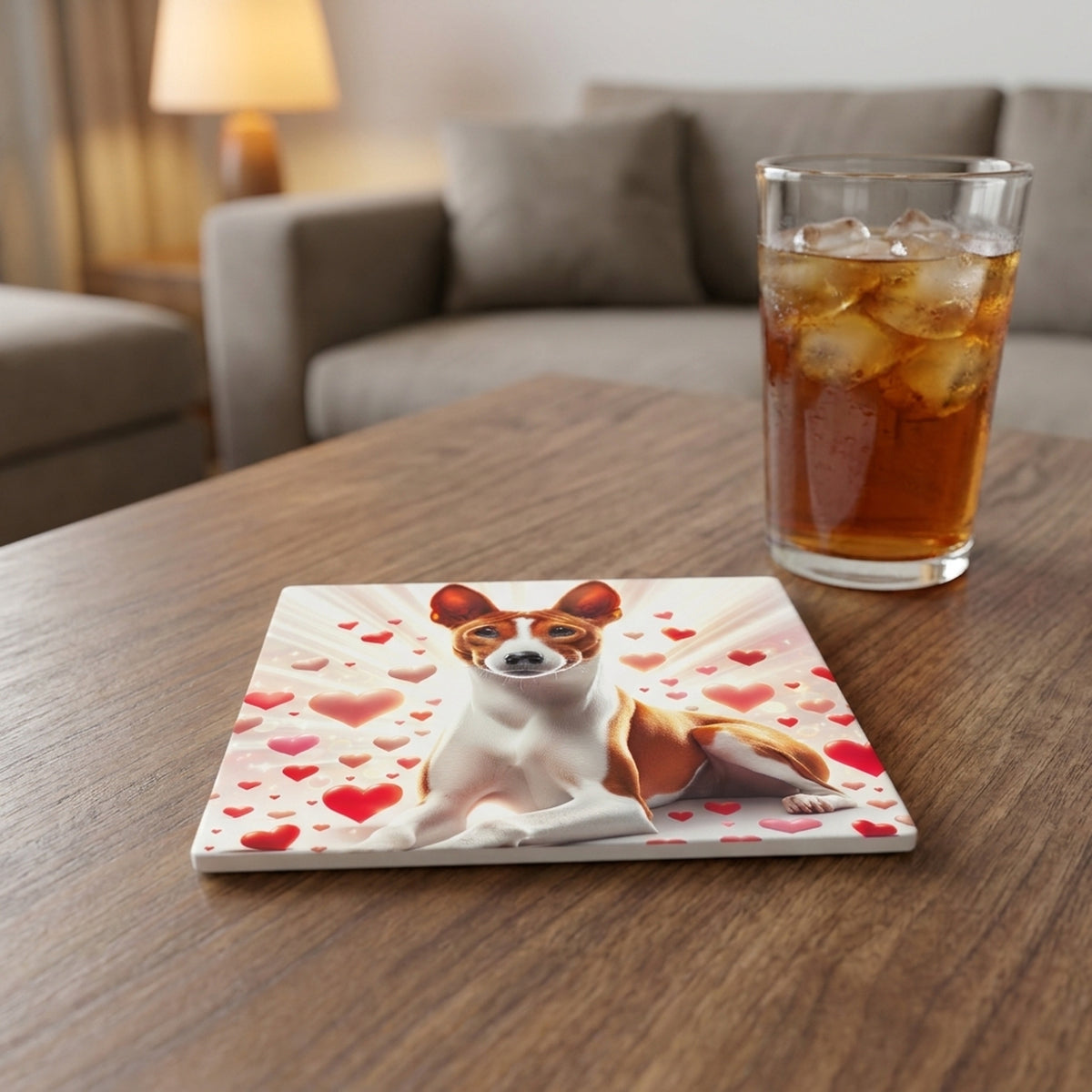 Basenji ceramic coasters set of 4, lifestyle