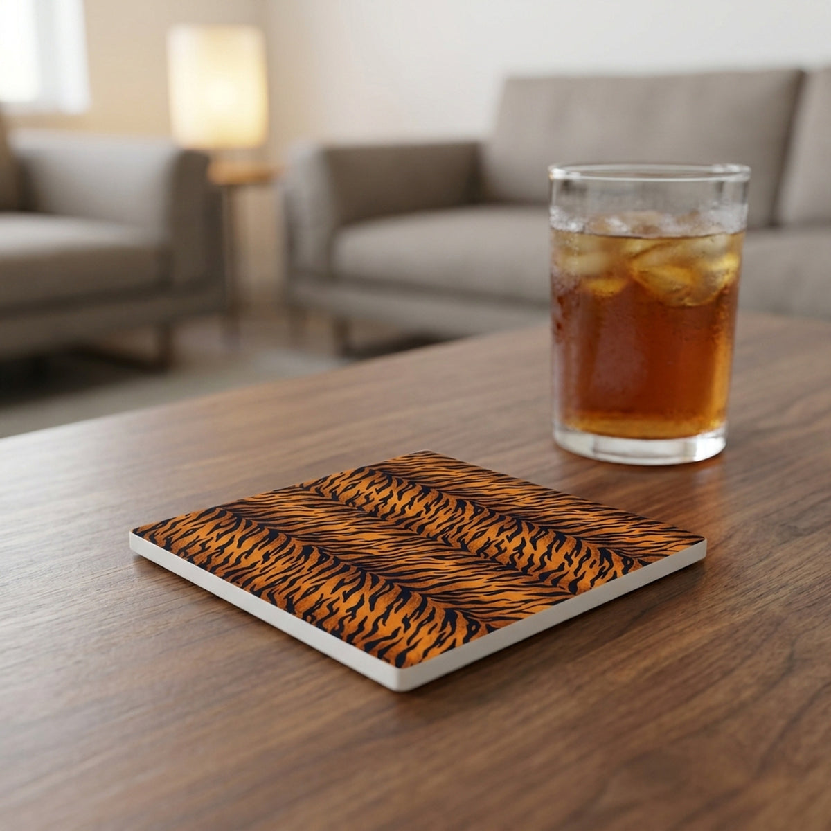 Tiger Stripe ceramic coasters set of 4, lifestyle