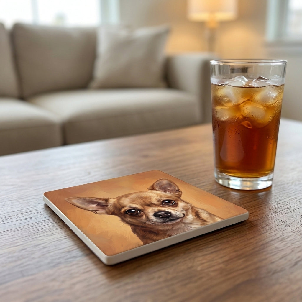 Chihuahua Portrait ceramic coasters set of 4, lifestyle