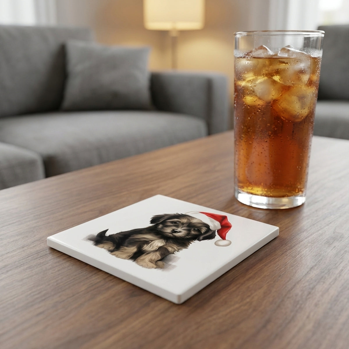 Löwchen Puppy Drawing ceramic coasters set of 4, lifestyle