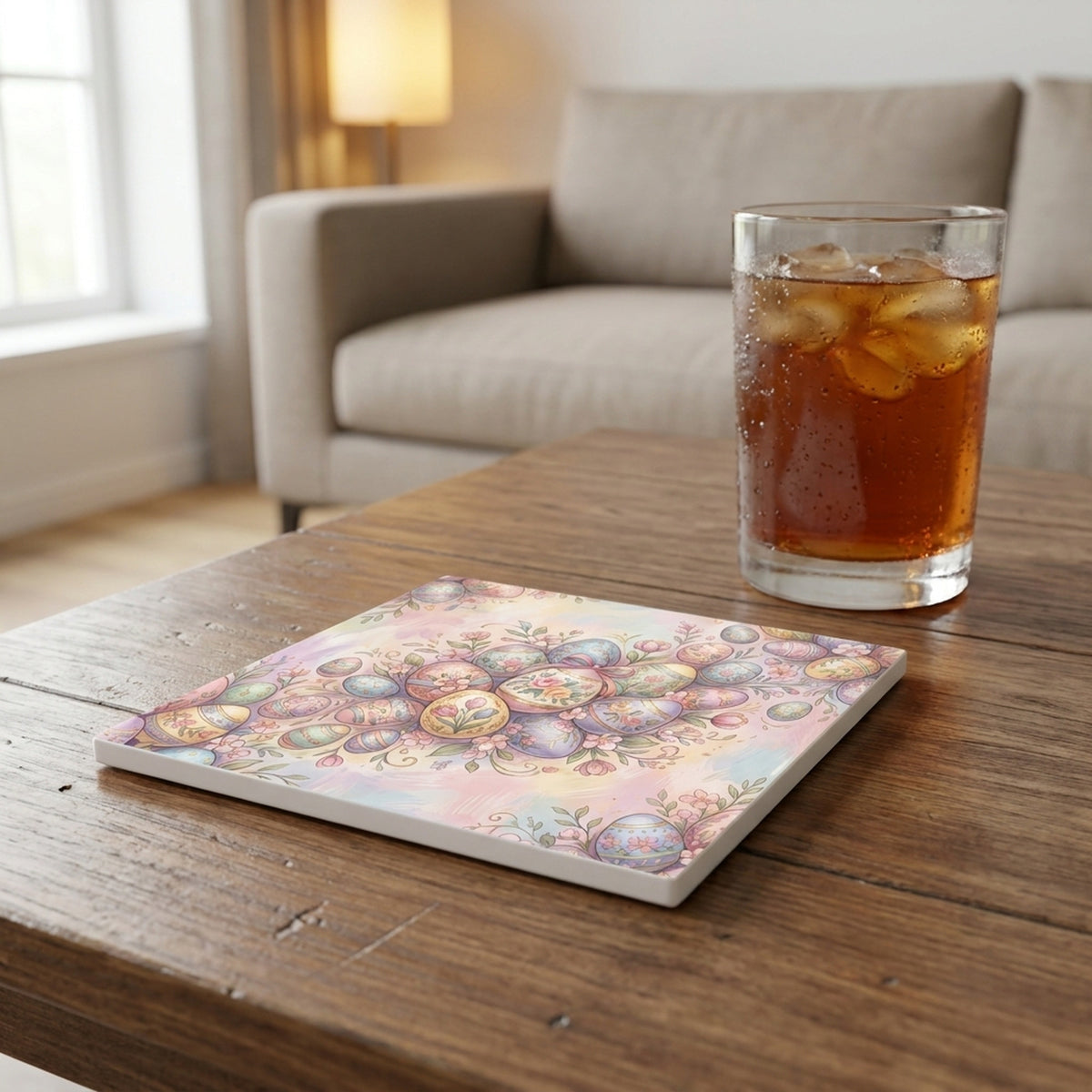 Easter Pastel Eggs ceramic coasters set of 4, lifestyle