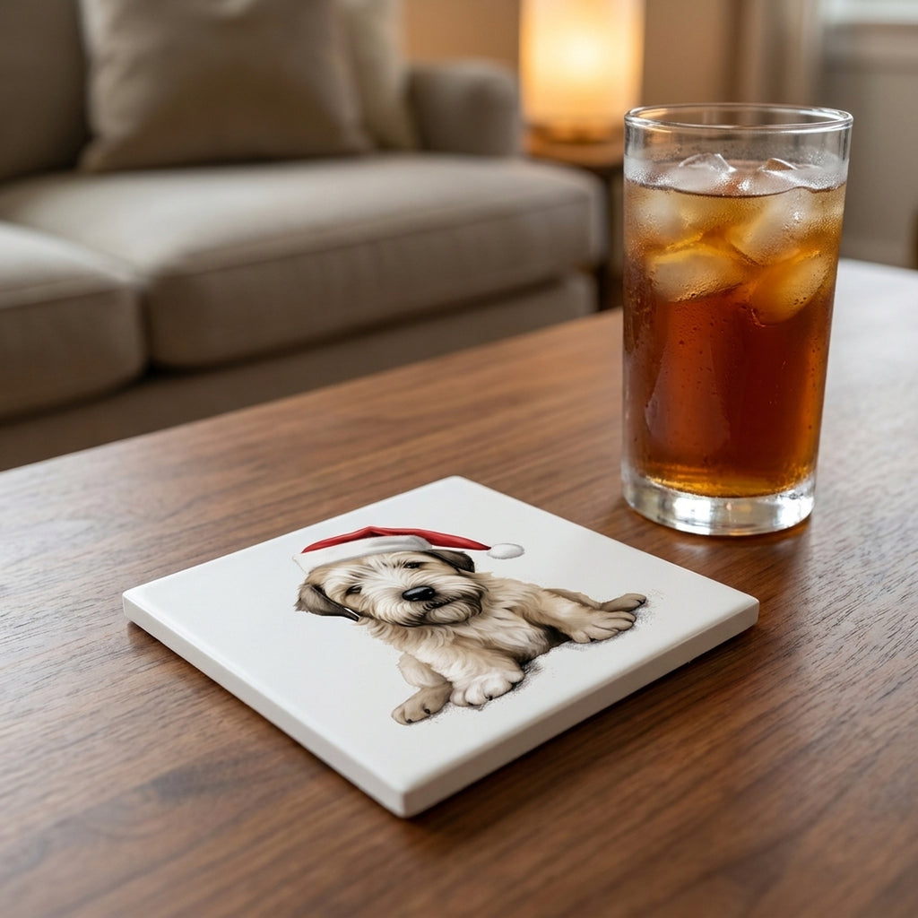 Soft Coated Wheaten Terrier Puppy Drawing ceramic coasters set of 4, lifestyle
