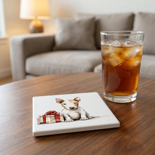 Miniature Bull Terrier Puppy Drawing ceramic coasters set of 4, lifestyle