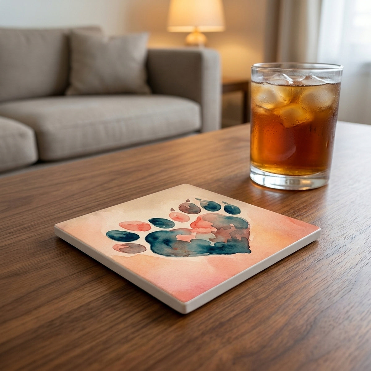 Watercolor Paw Heart ceramic coasters set of 4, lifestyle