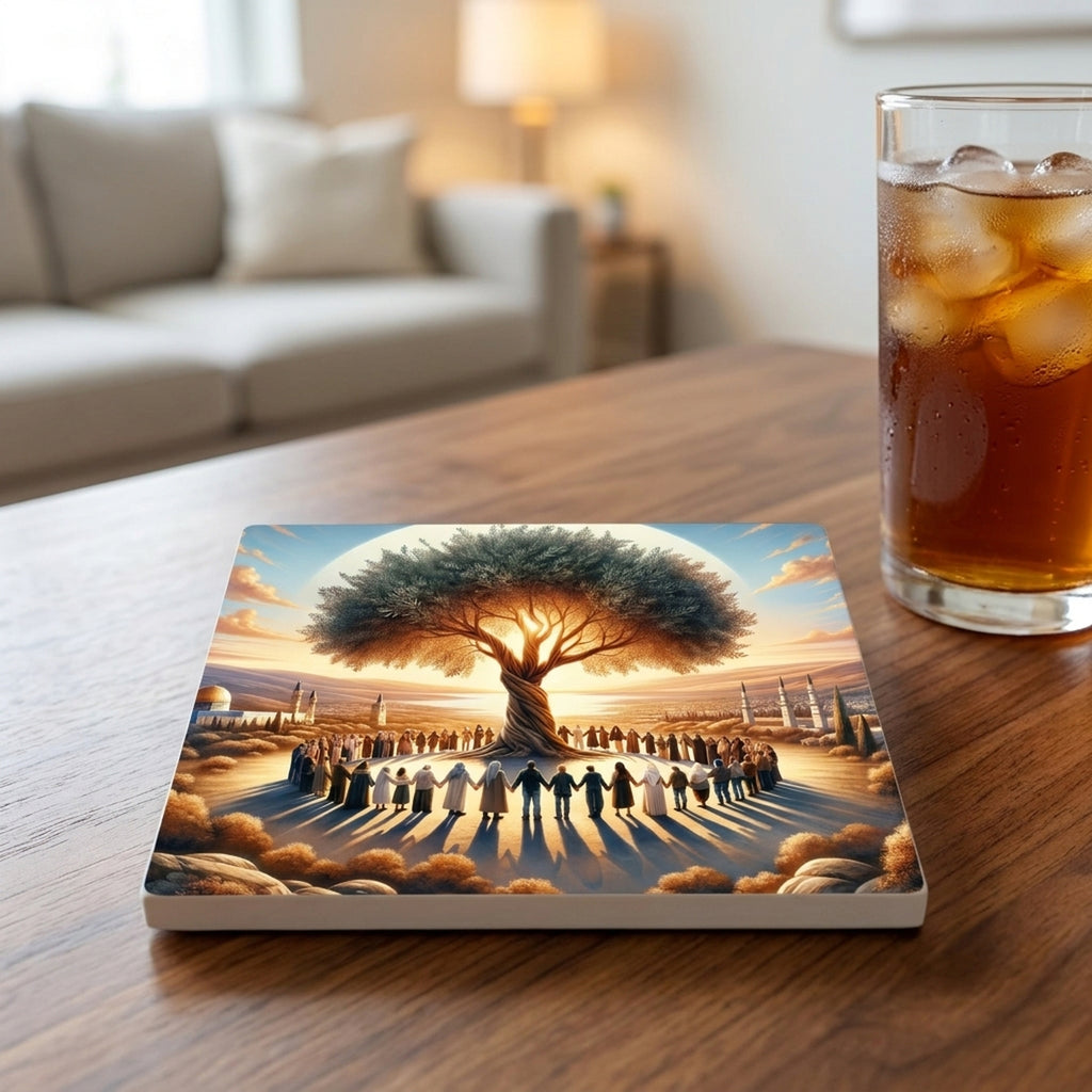 Golden Olive Tree ceramic coasters set of 4, lifestyle