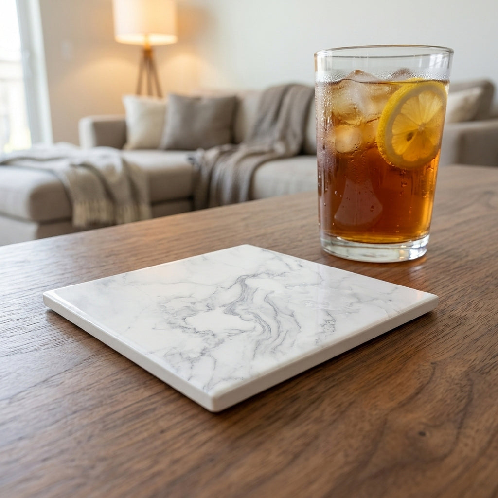 White Marble ceramic coasters set of 4, lifestyle