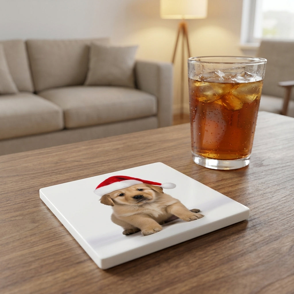 Chinook Puppy ceramic coasters set of 4, lifestyle