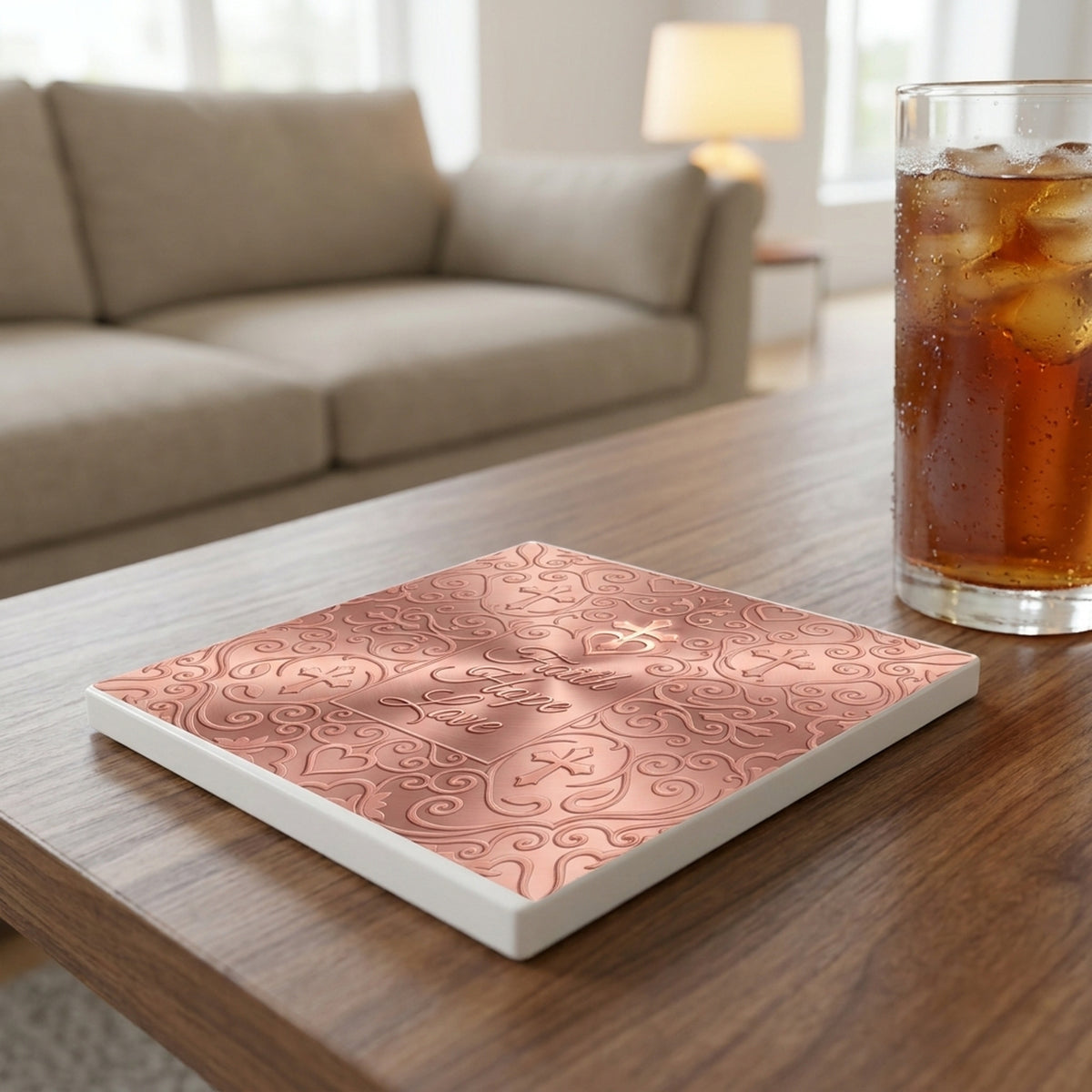 Faith Hope Love ceramic coasters set of 4, lifestyle