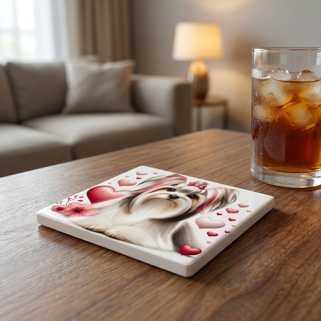 Biewer Terrier ceramic coasters set of 4, lifestyle