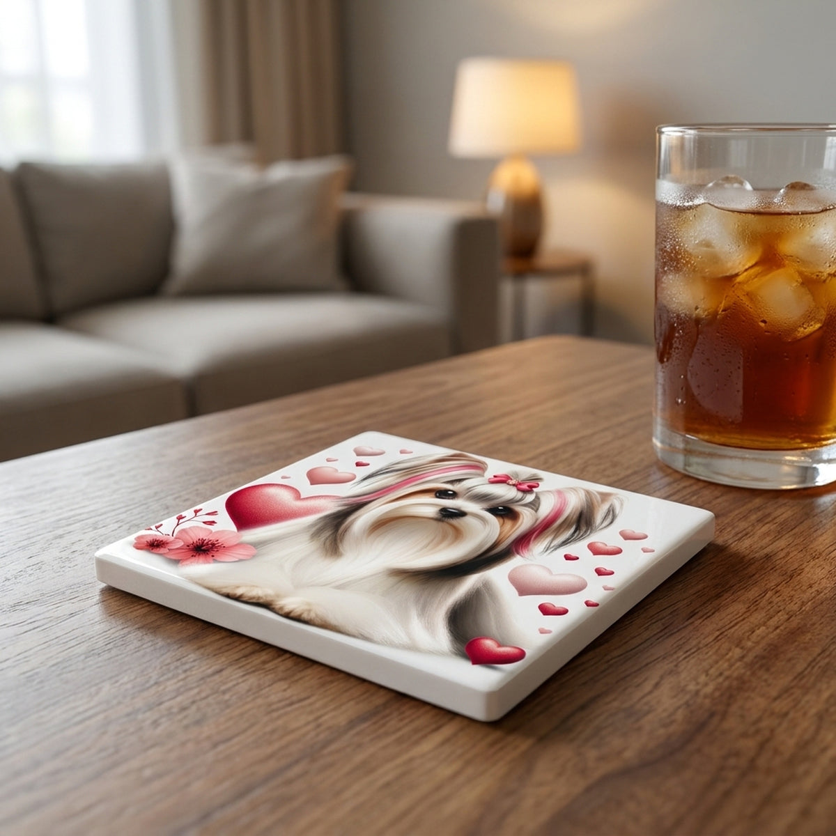 Biewer Terrier ceramic coasters set of 4, lifestyle