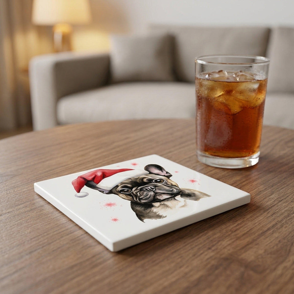 French Bulldog Drawing ceramic coasters set of 4, lifestyle
