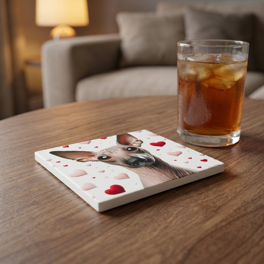 Xoloitzcuintli ceramic coasters set of 4, lifestyle