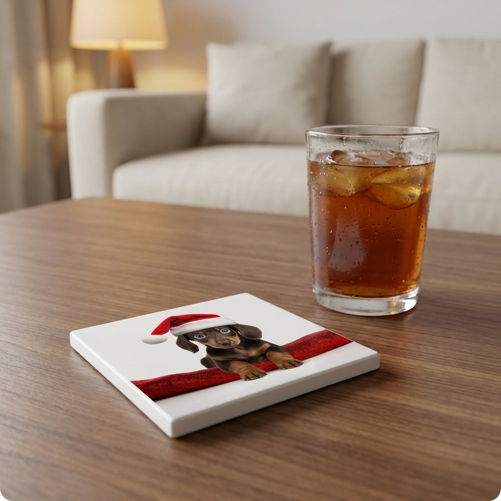 Dachshund Puppy ceramic coasters set of 4, lifestyle