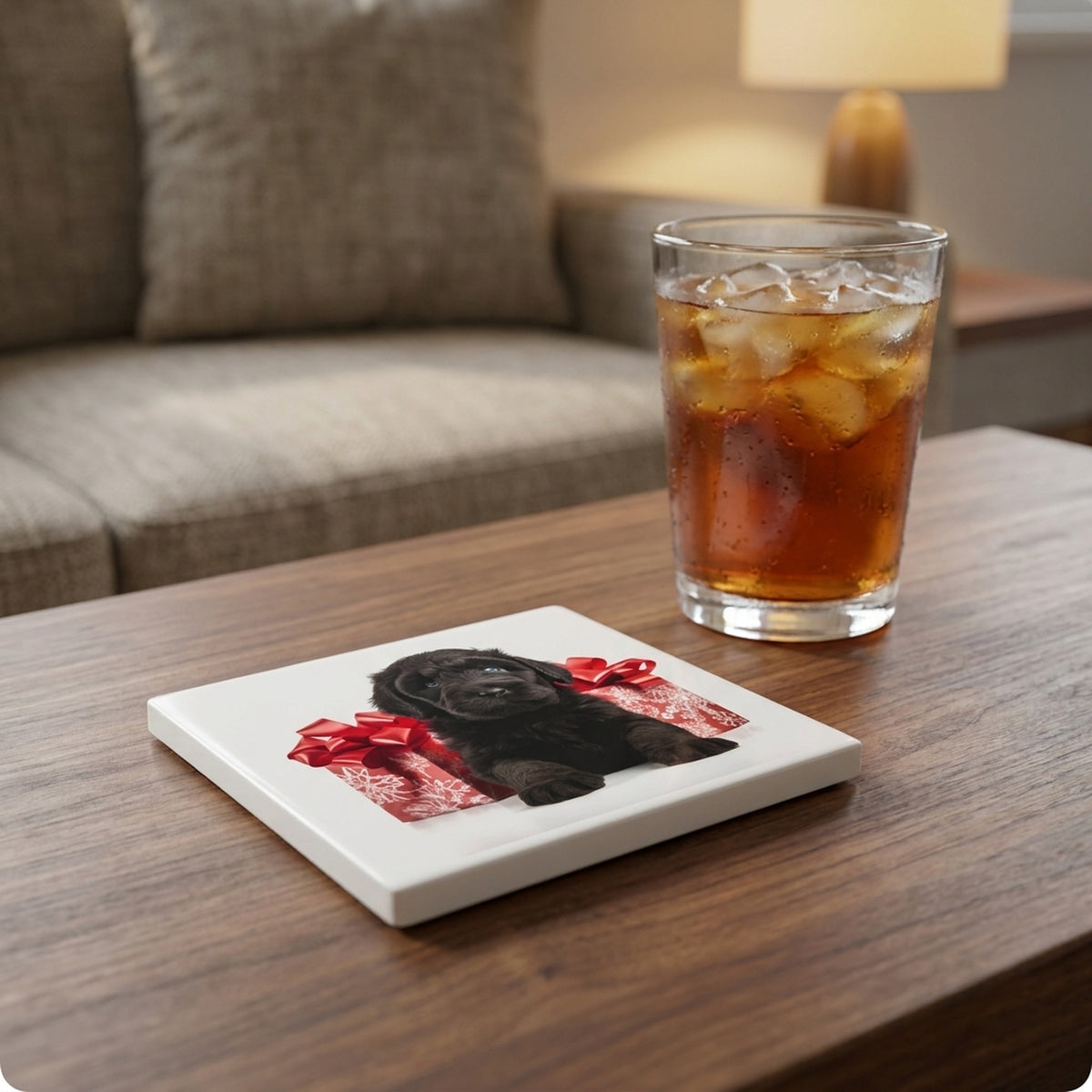 Black Russian Terrier Puppy ceramic coasters set of 4, lifestyle