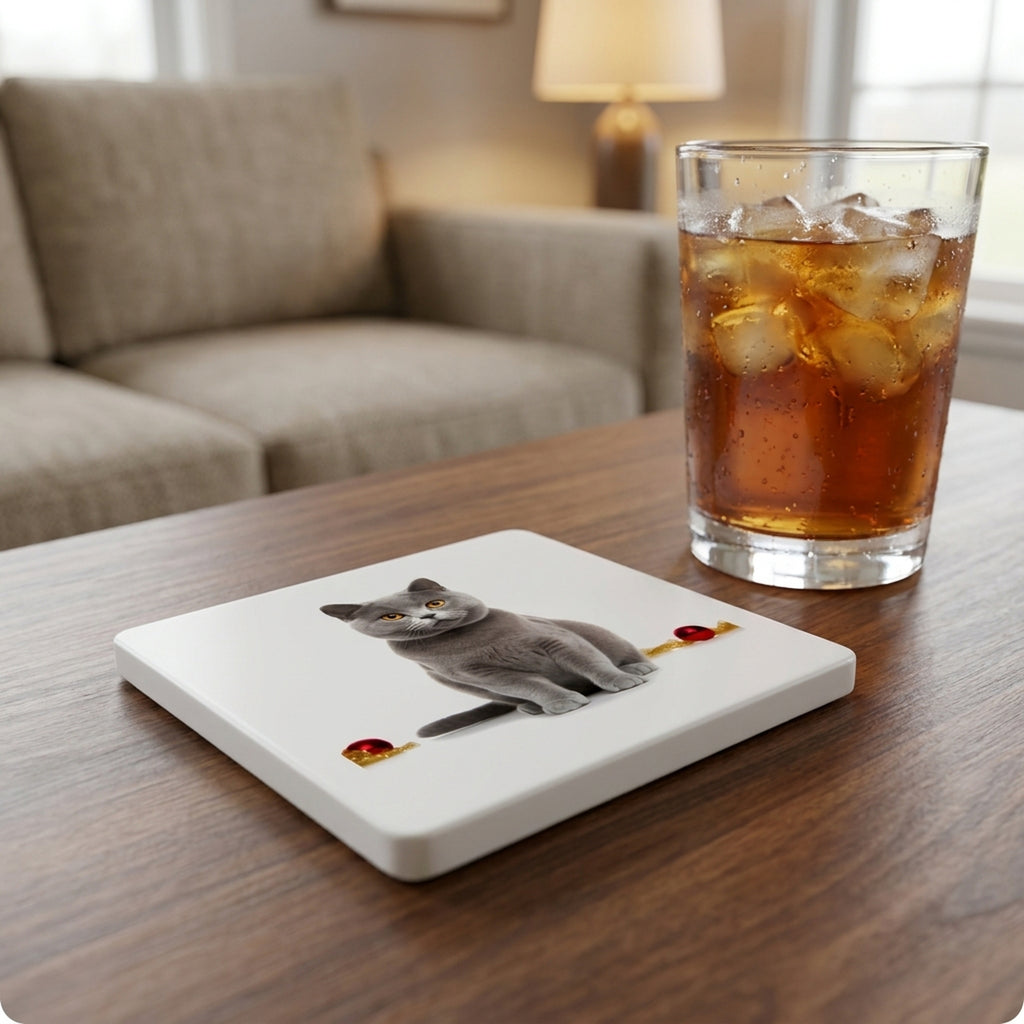 Chartreux Cat ceramic coasters set of 4, lifestyle