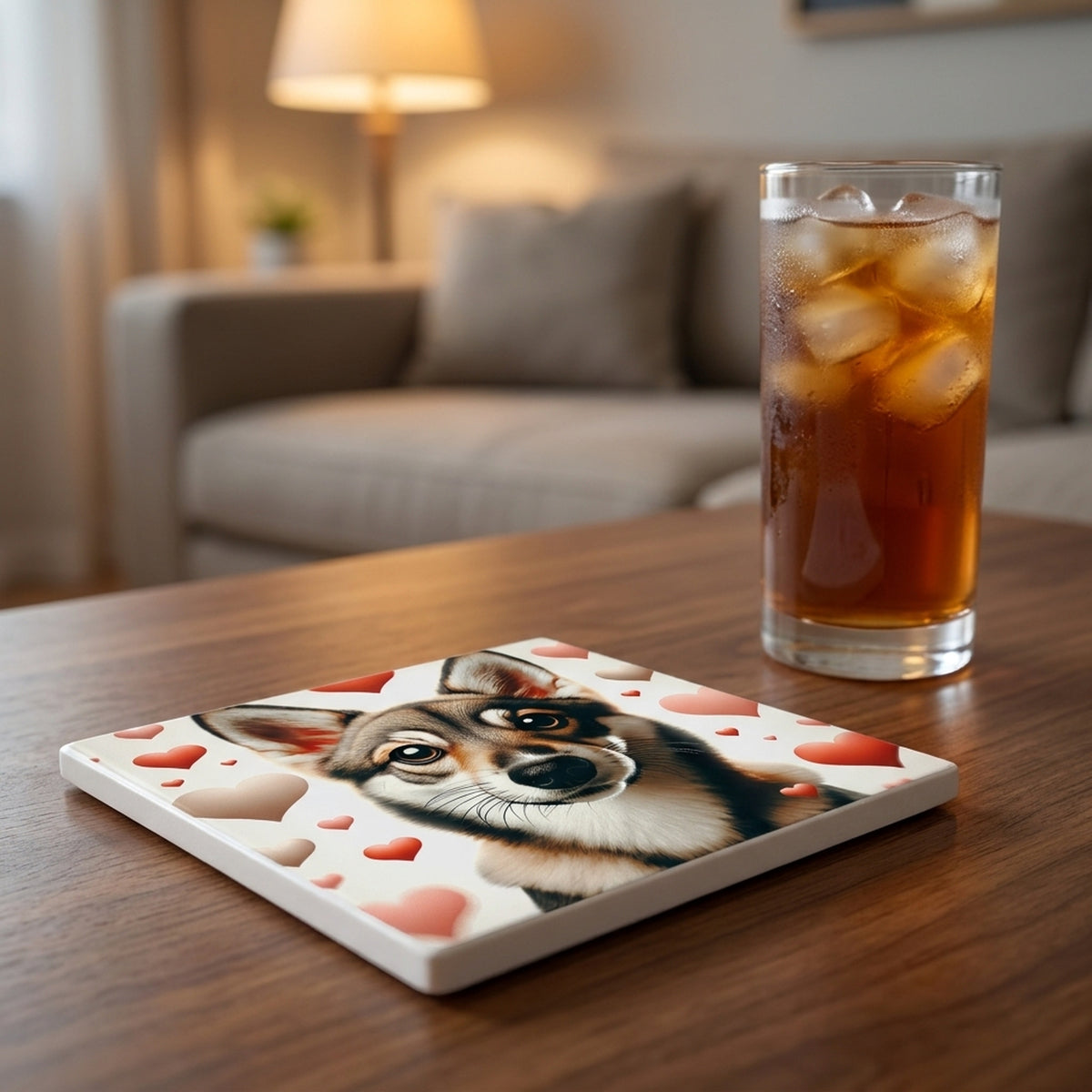 Swedish Vallhund ceramic coasters set of 4, lifestyle