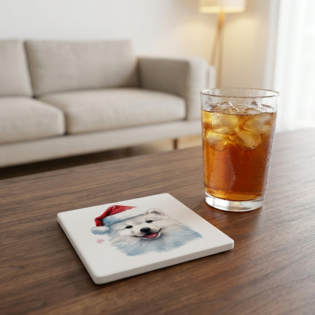 Samoyed Puppy Drawing ceramic coasters set of 4, lifestyle