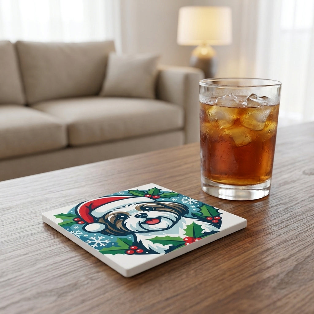Shih Tzu Christmas Ornament Art ceramic coasters set of 4, lifestyle