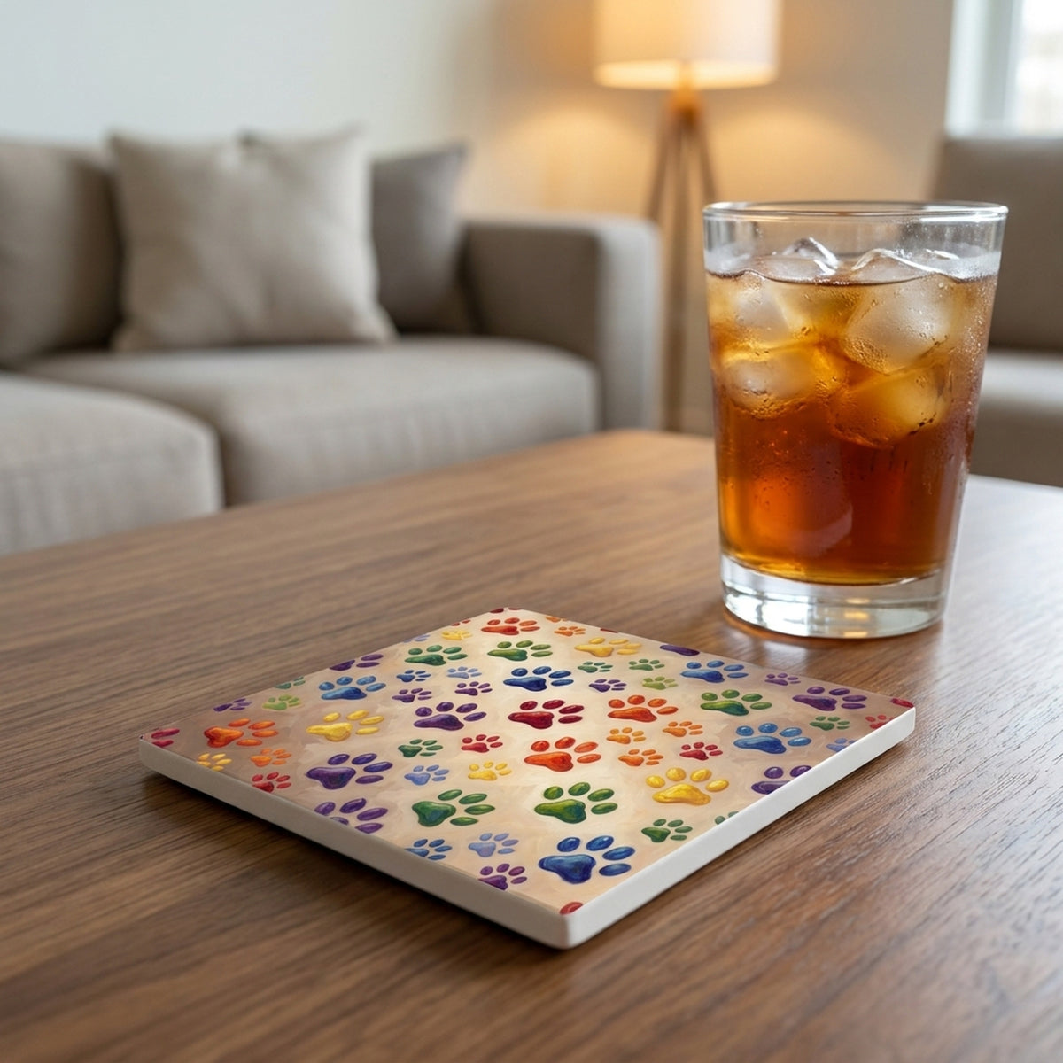 Colorful Paw Prints ceramic coasters set of 4, lifestyle
