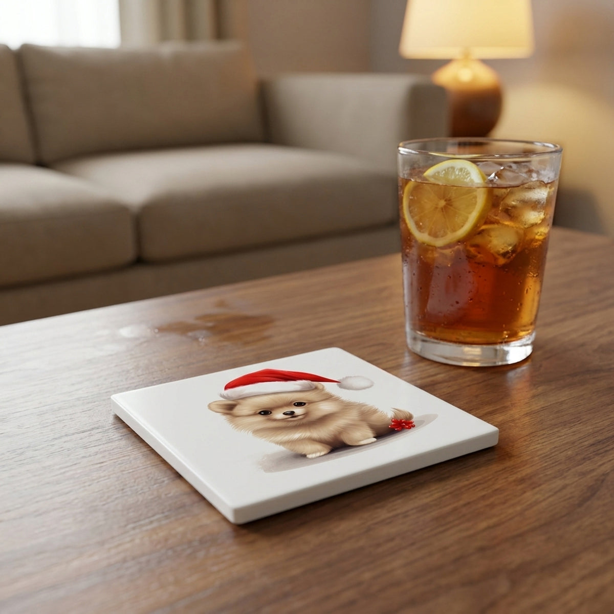 Pomeranian Puppy Drawing ceramic coasters set of 4, lifestyle