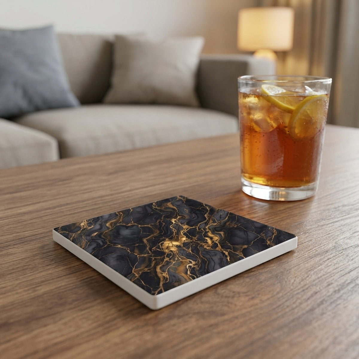 Black Gold Marble ceramic coasters set of 4, lifestyle