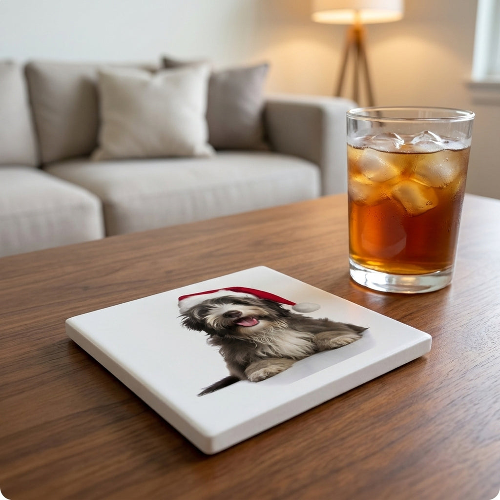 Bergamasco Sheepdog Puppy ceramic coasters set of 4, lifestyle