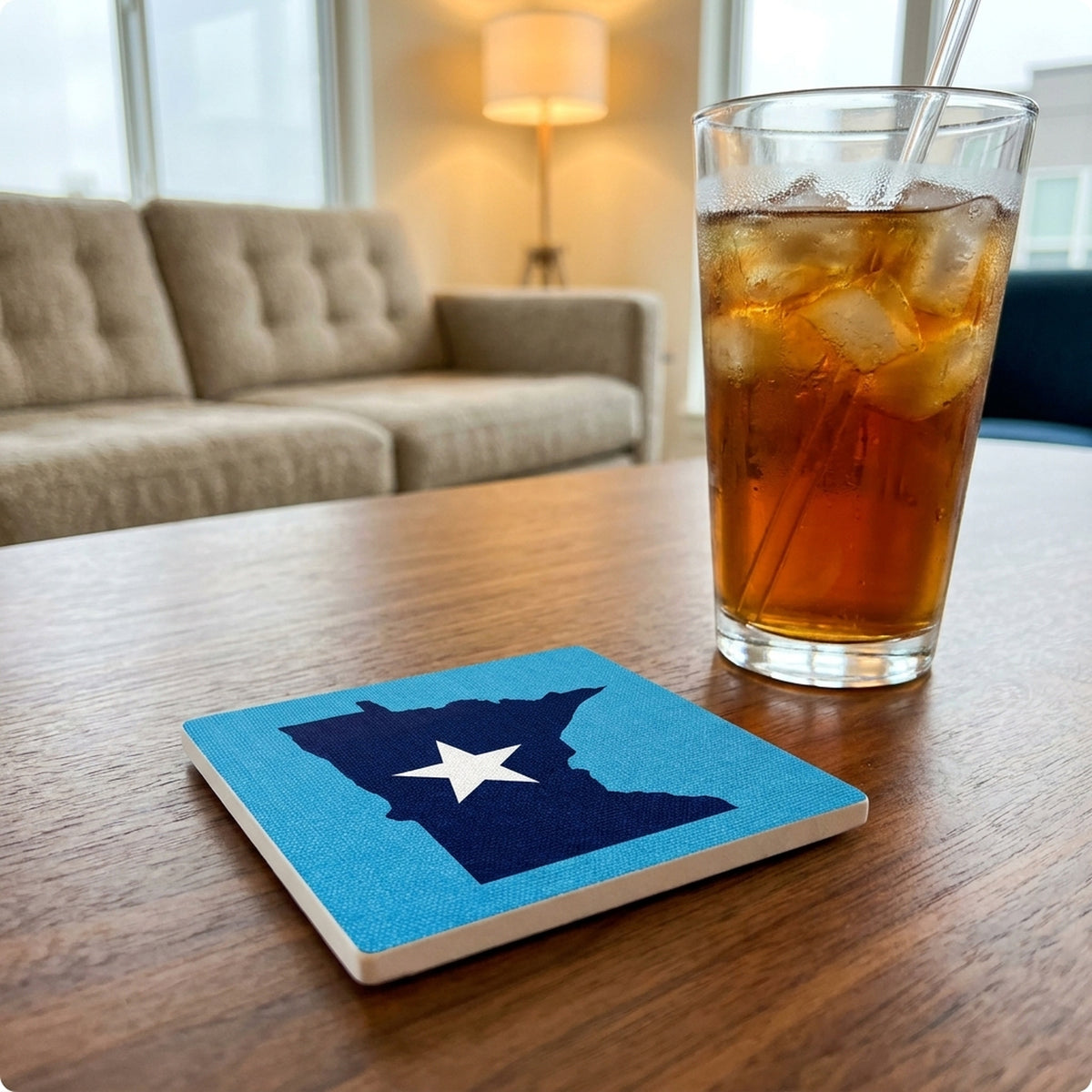Minnesota State Flag ceramic coasters set of 4, lifestyle