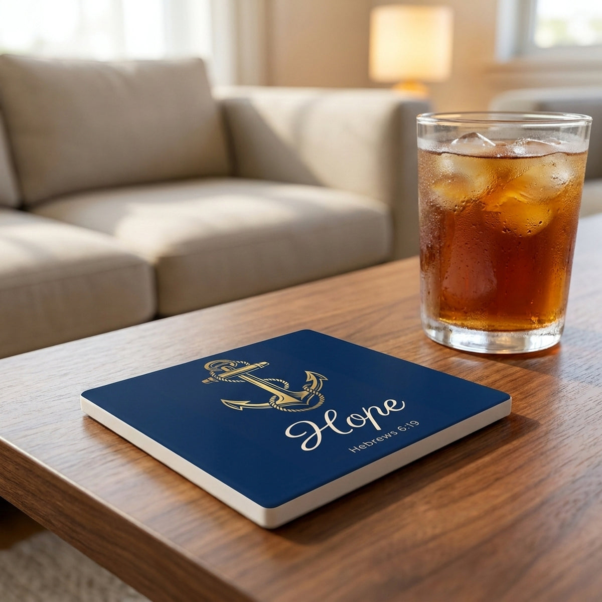 Anchor Hope Hebrews ceramic coasters set of 4, lifestyle