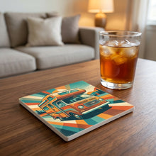 Retro Camper Van ceramic coasters set of 4, lifestyle