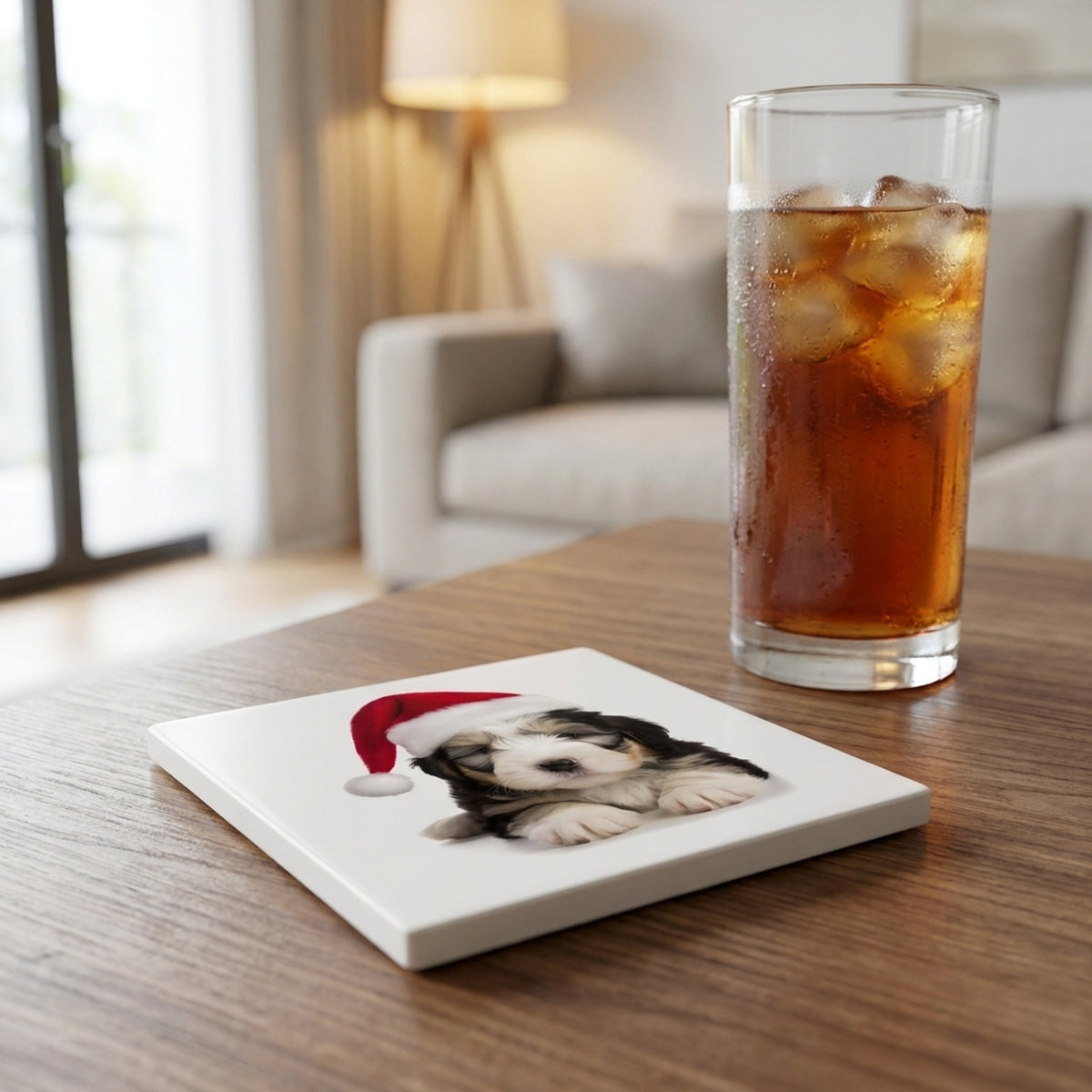 Old English Sheepdog Puppy ceramic coasters set of 4, lifestyle
