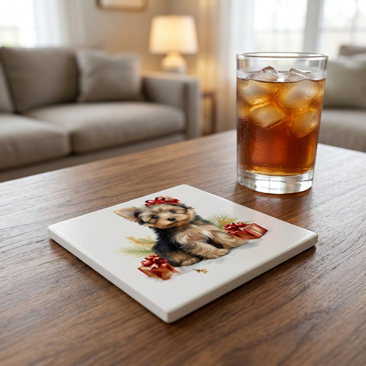 Silky Terrier Puppy Drawing ceramic coasters set of 4, lifestyle